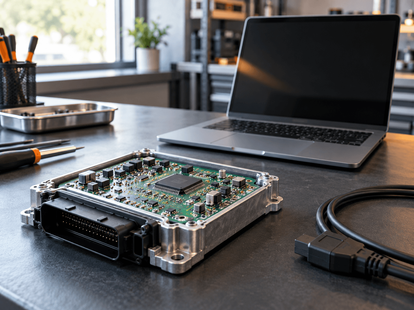 Illustrative electronics workshop with a laptop and circuit board